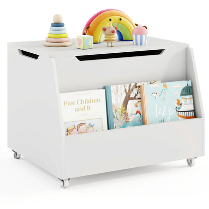 Wooden Mobile Toy Storage Organizer with Bookshelf and Lockable Wheels-White