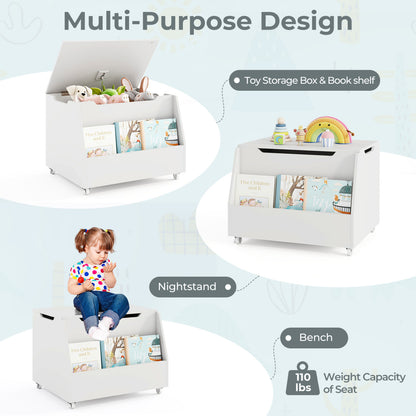 Wooden Mobile Toy Storage Organizer with Bookshelf and Lockable Wheels-White
