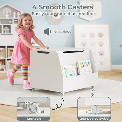 Wooden Mobile Toy Storage Organizer with Bookshelf and Lockable Wheels-White