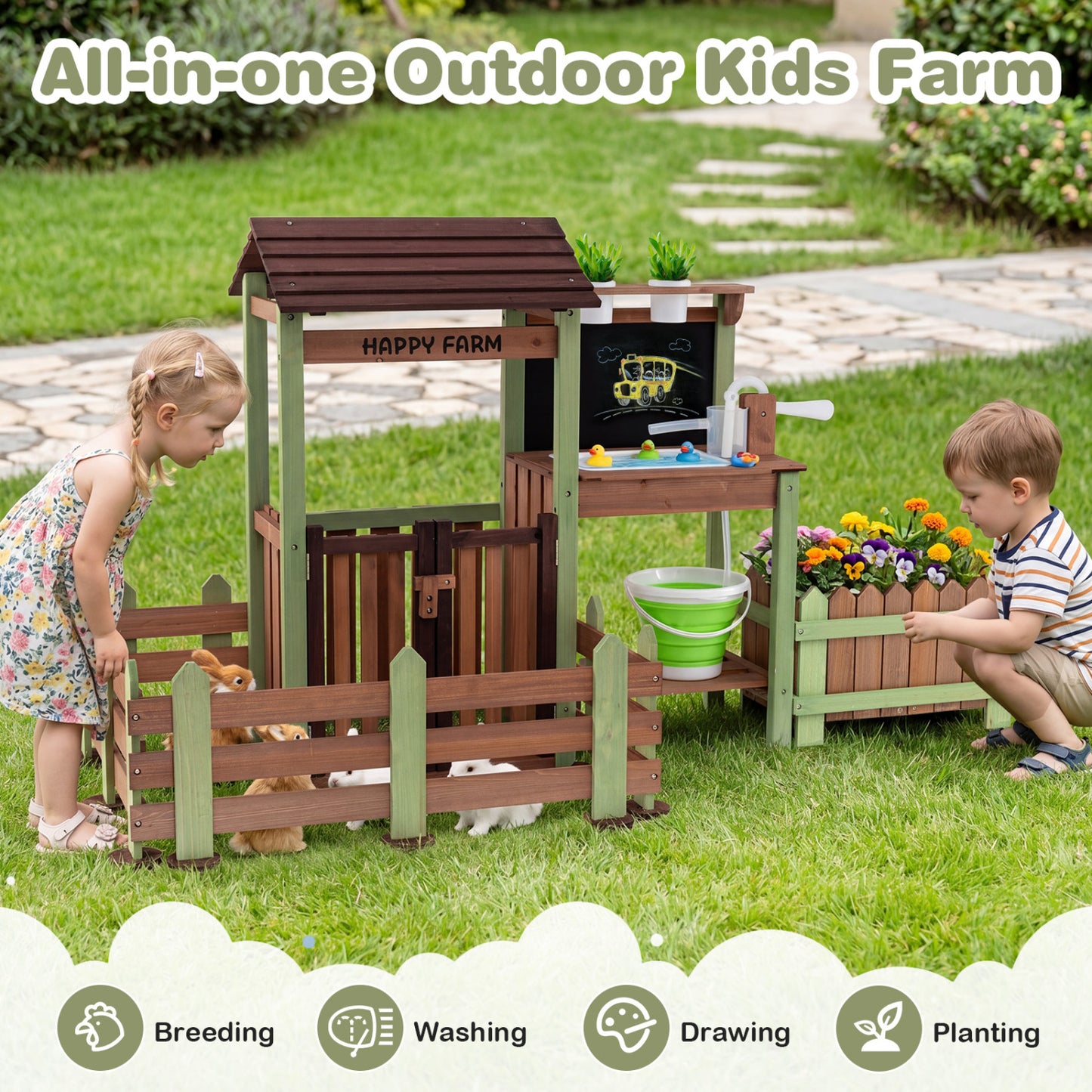 Wooden Mud Farm Playset with Planter Box and Water Pump