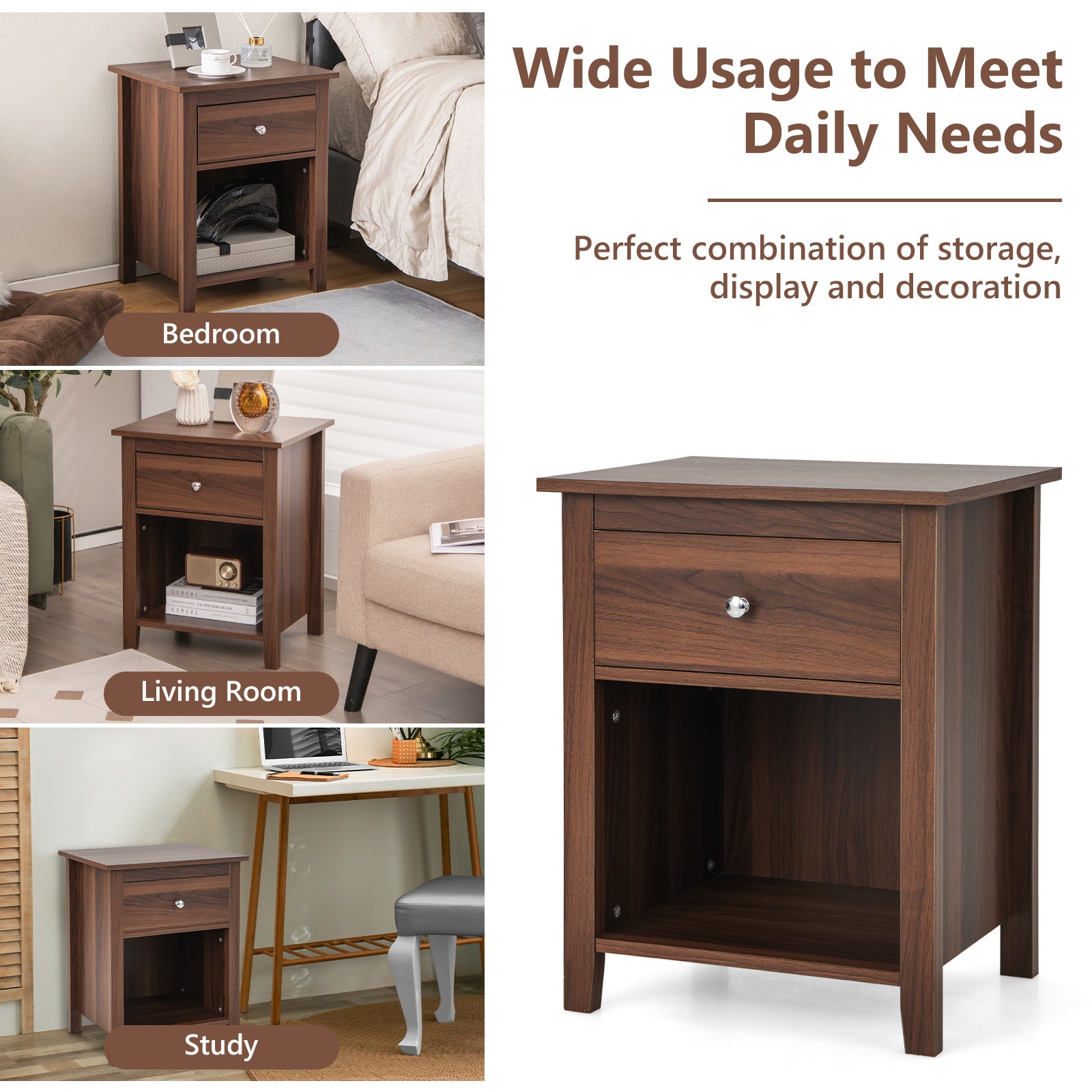Wooden Nightstand with Slide-out Drawer and Open Shelf-Walnut