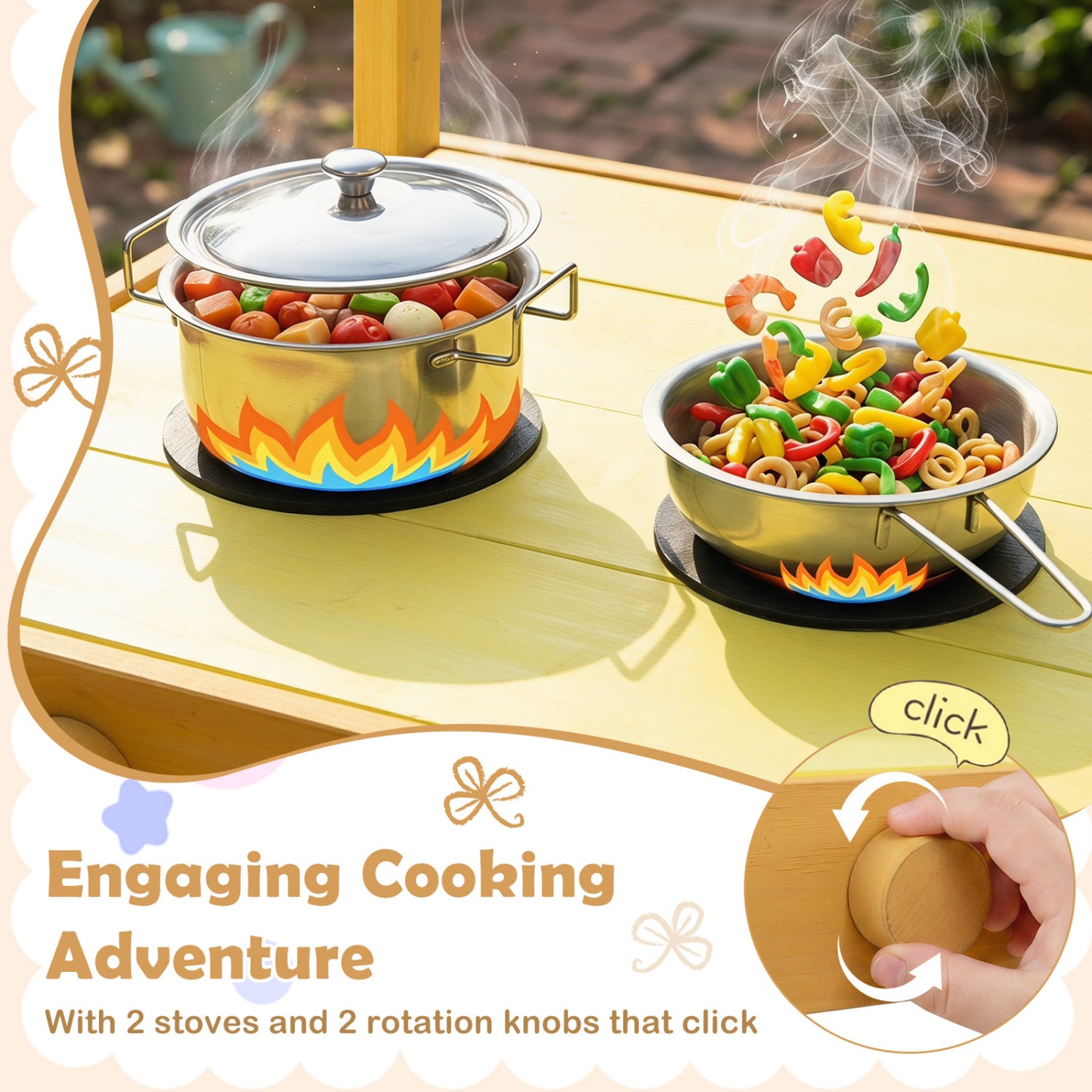 Wooden Outdoor Mud Kitchen for Kids with Wheels - Yellow
