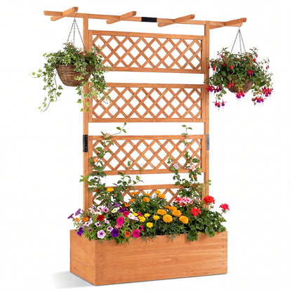 Wooden Planter Box with Lattice Trellis Raised Garden Bed Privacy Screen with Flat Roof