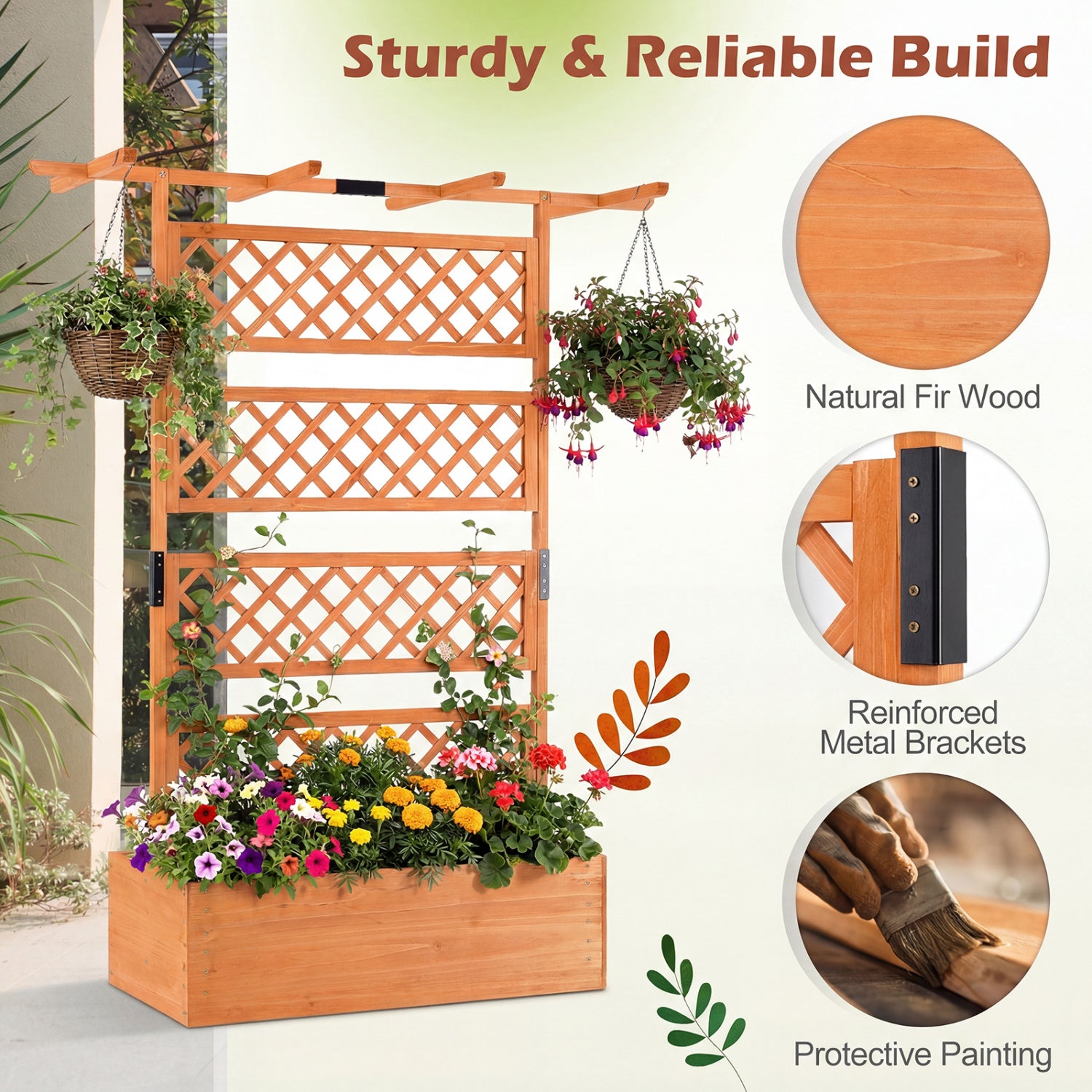 Wooden Planter Box with Lattice Trellis Raised Garden Bed Privacy Screen with Flat Roof