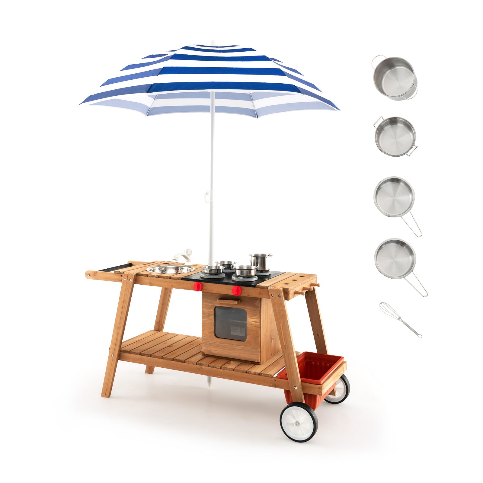 Wooden Play Cart with Sun Proof Umbrella for Toddlers Over 3 Years Old-Blue - Blue