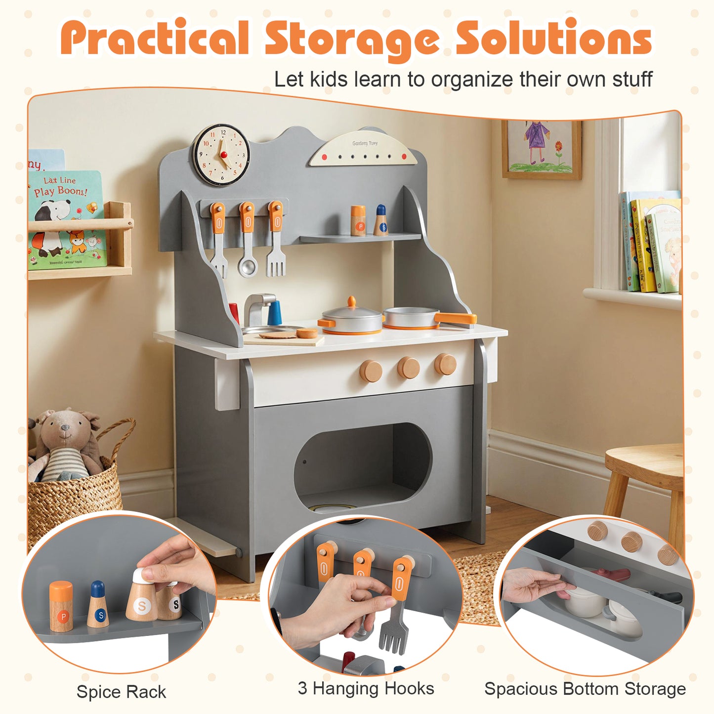 Wooden Play Kitchen for Kids Pretend Play Toy Kitchen Set with Clock Gift for Boys and Girls 3 +-Gray