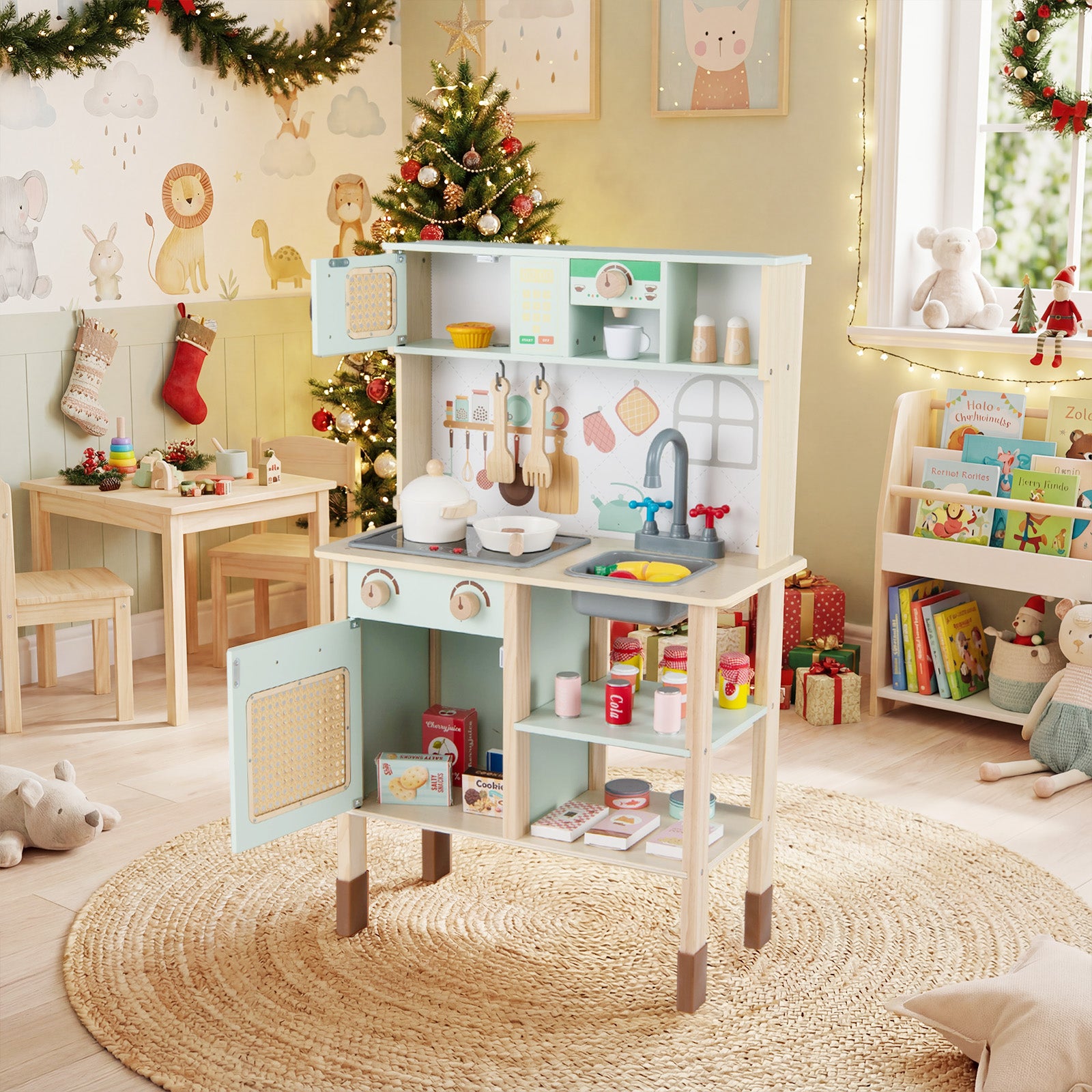 Wooden Play Kitchen for Kids with Lights and Sounds Retro Style With Accessories-Green
