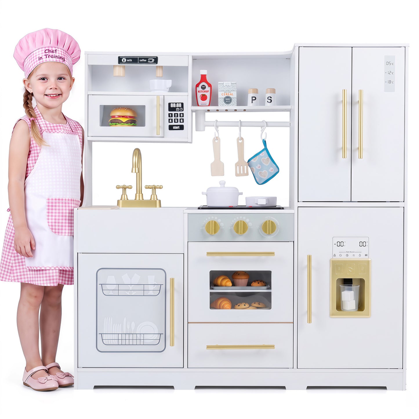 Wooden Play Kitchen with Lights & Sounds for Kids Ages 3+