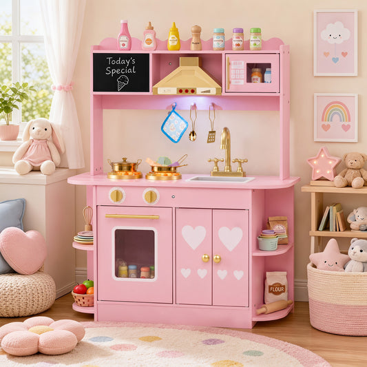 Wooden Play Kitchen with Lights & Sounds for Toddlers 3+