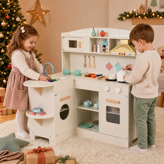 Wooden Play Kitchen Set with Lights & Sounds - White