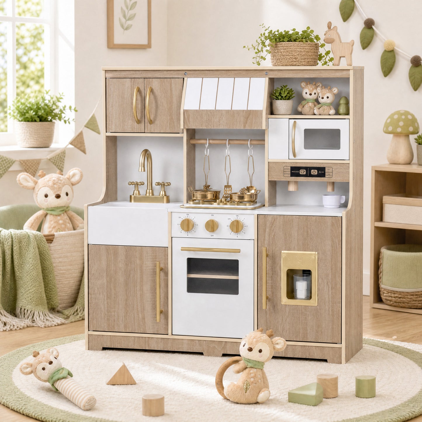Wooden Play Kitchen Set with Lights & Sounds for Toddlers