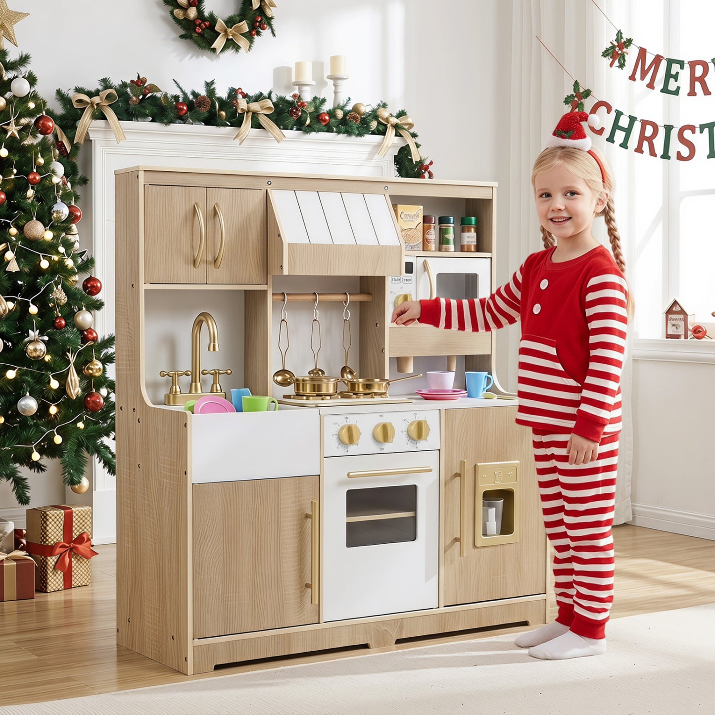 Wooden Play Kitchen Set with Lights & Sounds for Toddlers