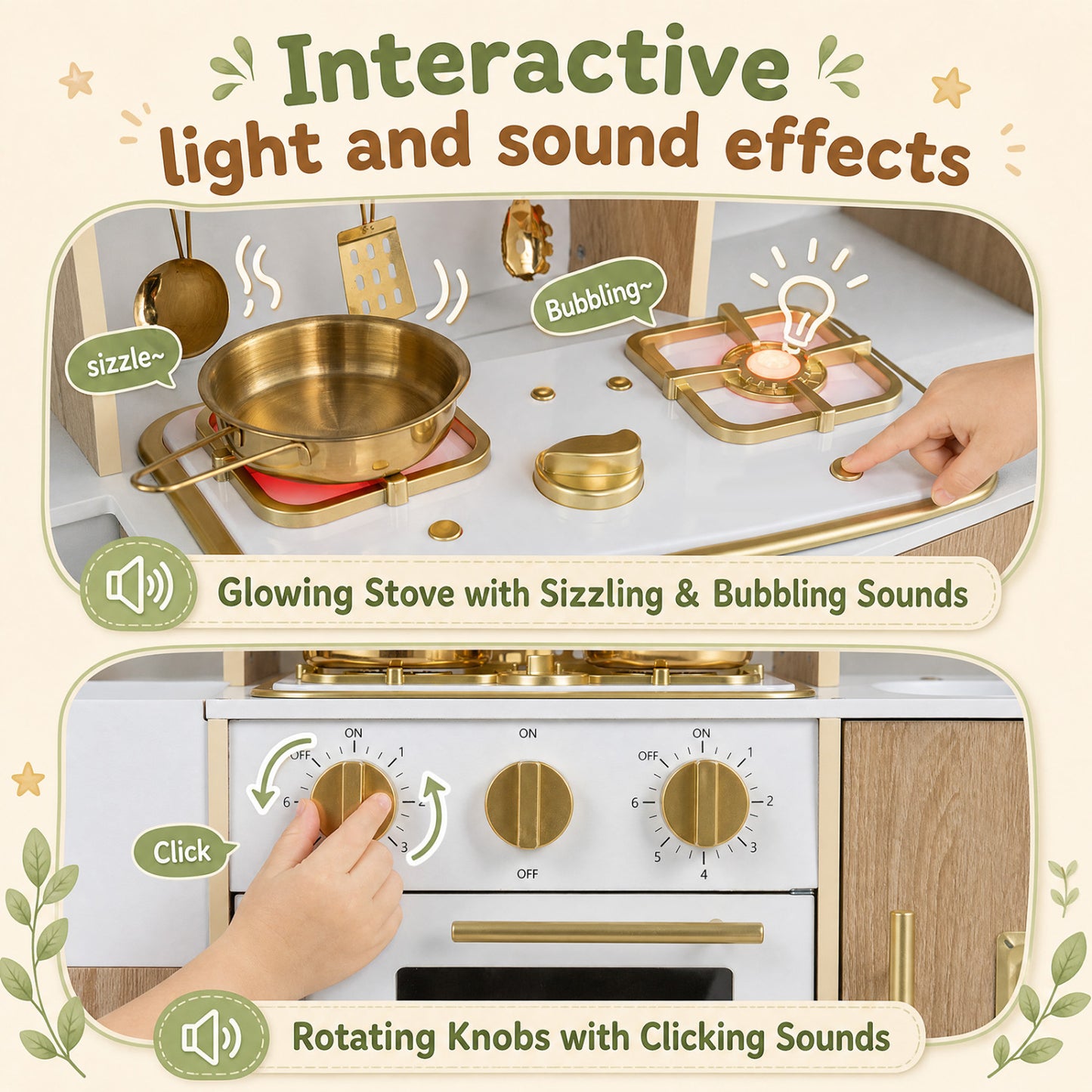 Wooden Play Kitchen Set with Lights & Sounds for Toddlers