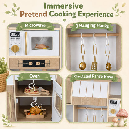 Wooden Play Kitchen Set with Lights & Sounds for Toddlers