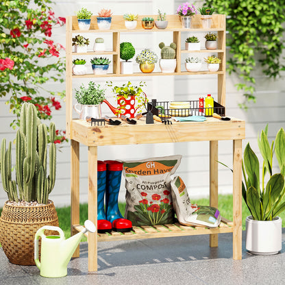 Wooden Potting Bench Table Garden Planting Workstation with 3-Tier Open Shelf-Natural