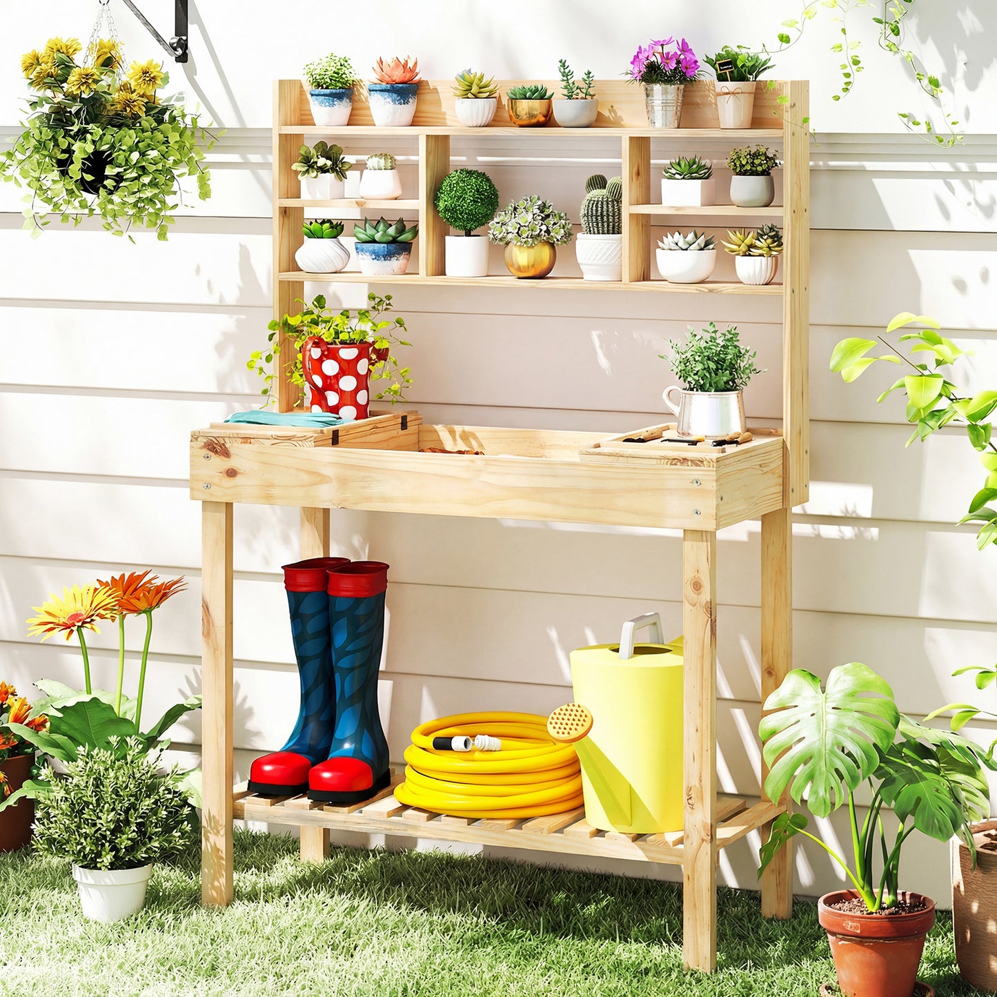 Wooden Potting Bench Table Garden Planting Workstation with 3-Tier Open Shelf-Natural
