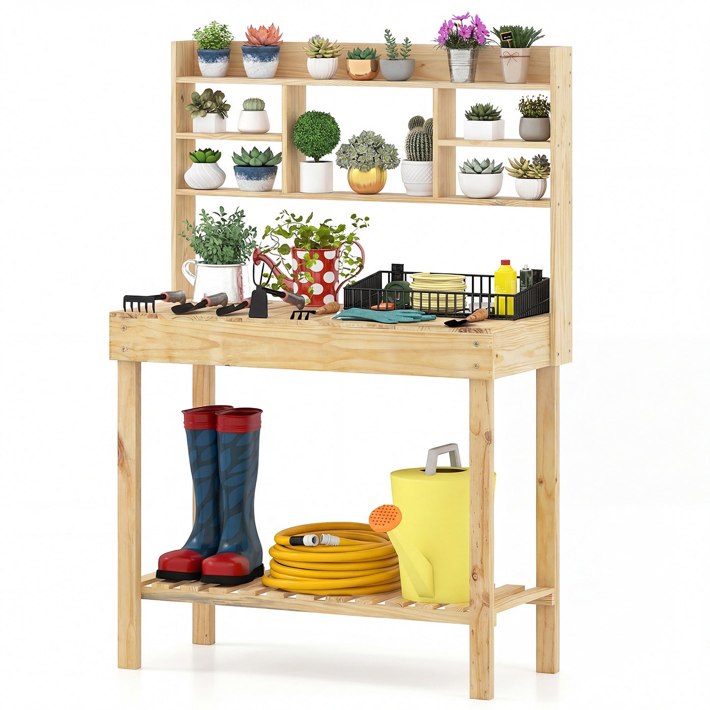 Wooden Potting Bench Table Garden Planting Workstation with 3-Tier Open Shelf-Natural