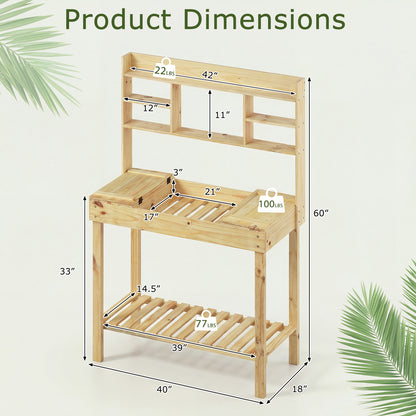 Wooden Potting Bench Table Garden Planting Workstation with 3-Tier Open Shelf-Natural