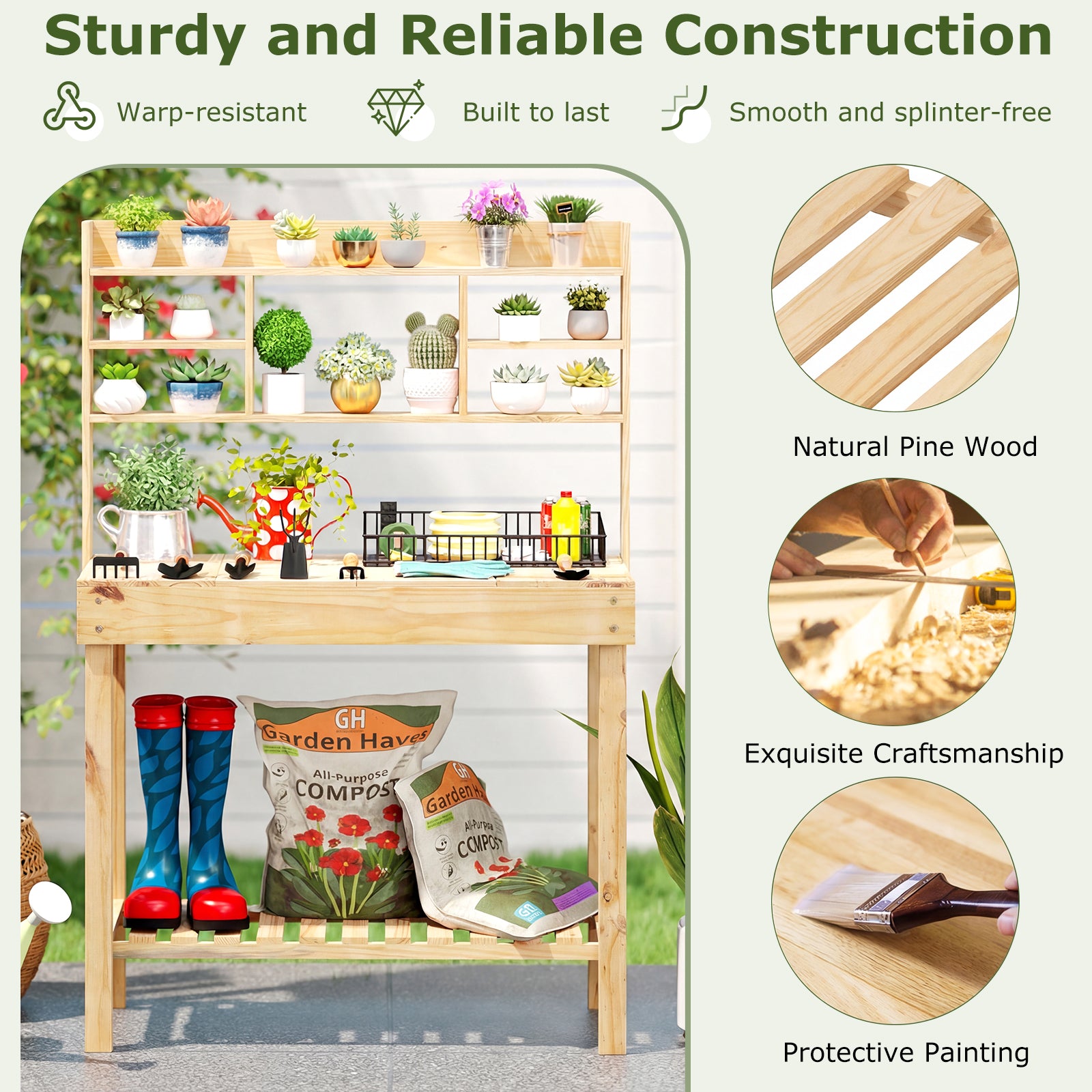 Wooden Potting Bench Table Garden Planting Workstation with 3-Tier Open Shelf-Natural