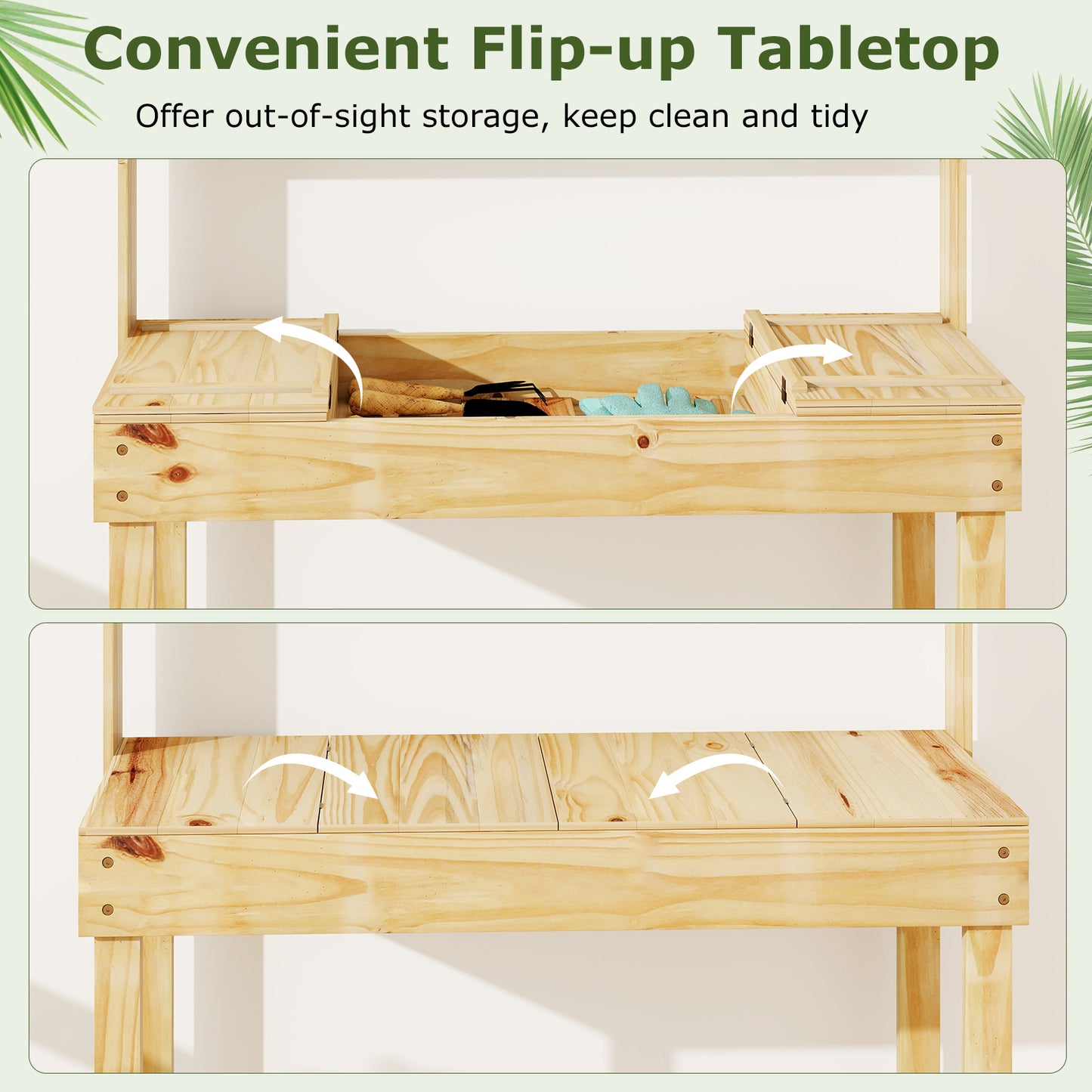 Wooden Potting Bench Table Garden Planting Workstation with 3-Tier Open Shelf-Natural