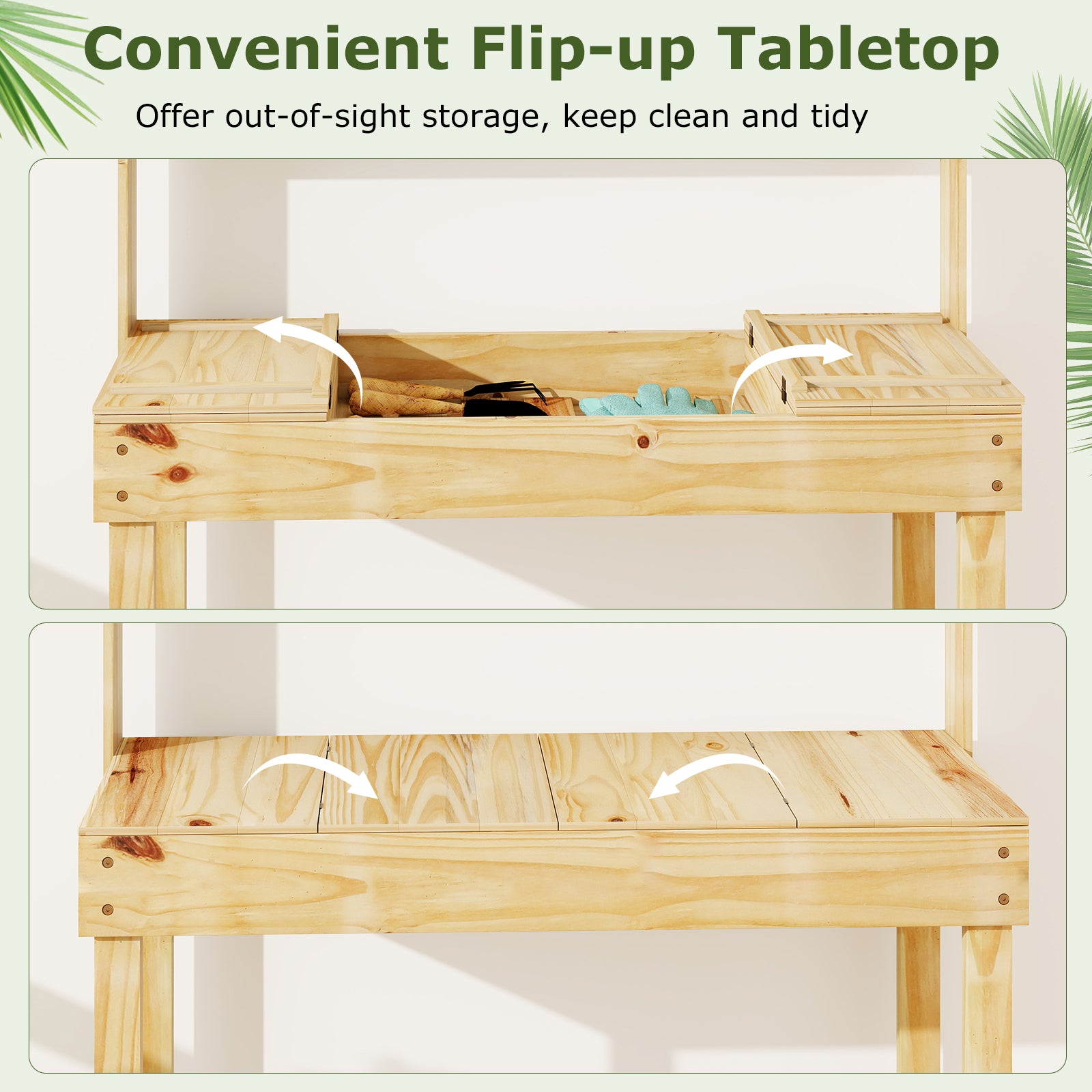 Wooden Potting Bench Table Garden Planting Workstation with 3-Tier Open Shelf-Natural