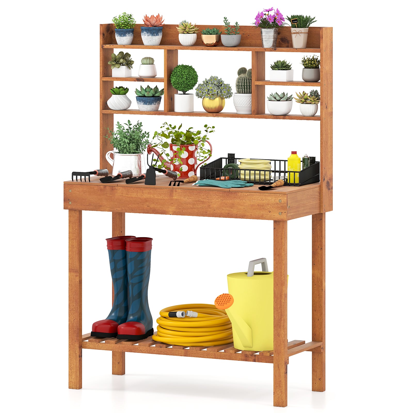 Wooden Potting Bench Table Garden Planting Workstation with 3-Tier Open Shelf-Brown