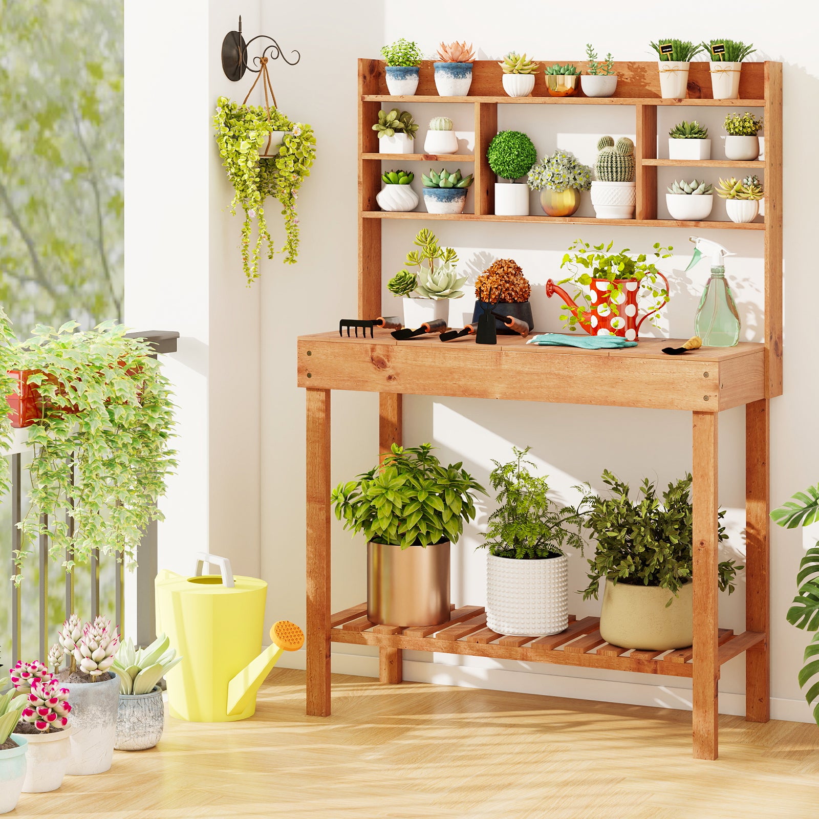 Wooden Potting Bench Table Garden Planting Workstation with 3-Tier Open Shelf-Brown