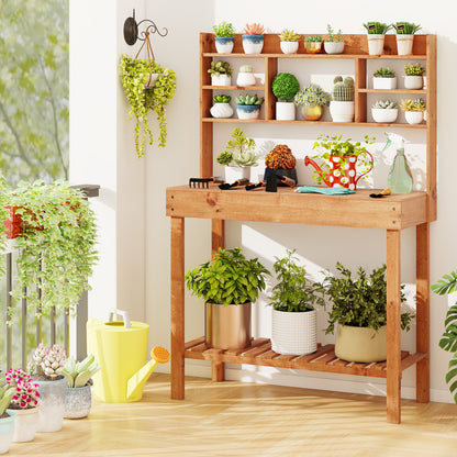 Wooden Potting Bench Table Garden Planting Workstation with 3-Tier Open Shelf-Brown
