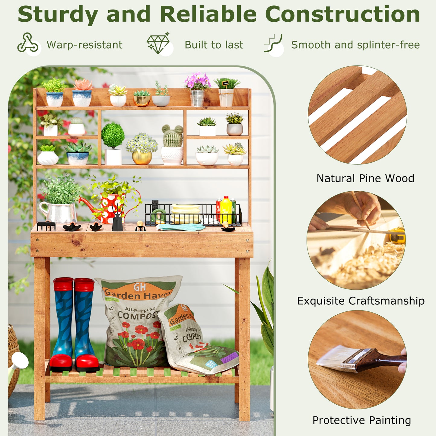 Wooden Potting Bench Table Garden Planting Workstation with 3-Tier Open Shelf-Brown