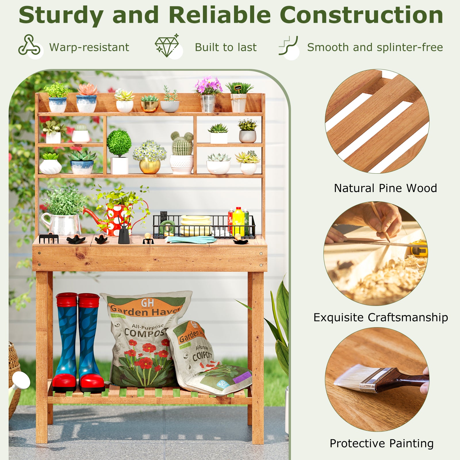 Wooden Potting Bench Table Garden Planting Workstation with 3-Tier Open Shelf-Brown