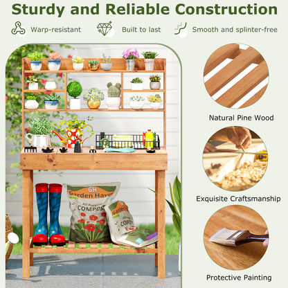 Wooden Potting Bench Table Garden Planting Workstation with 3-Tier Open Shelf-Brown