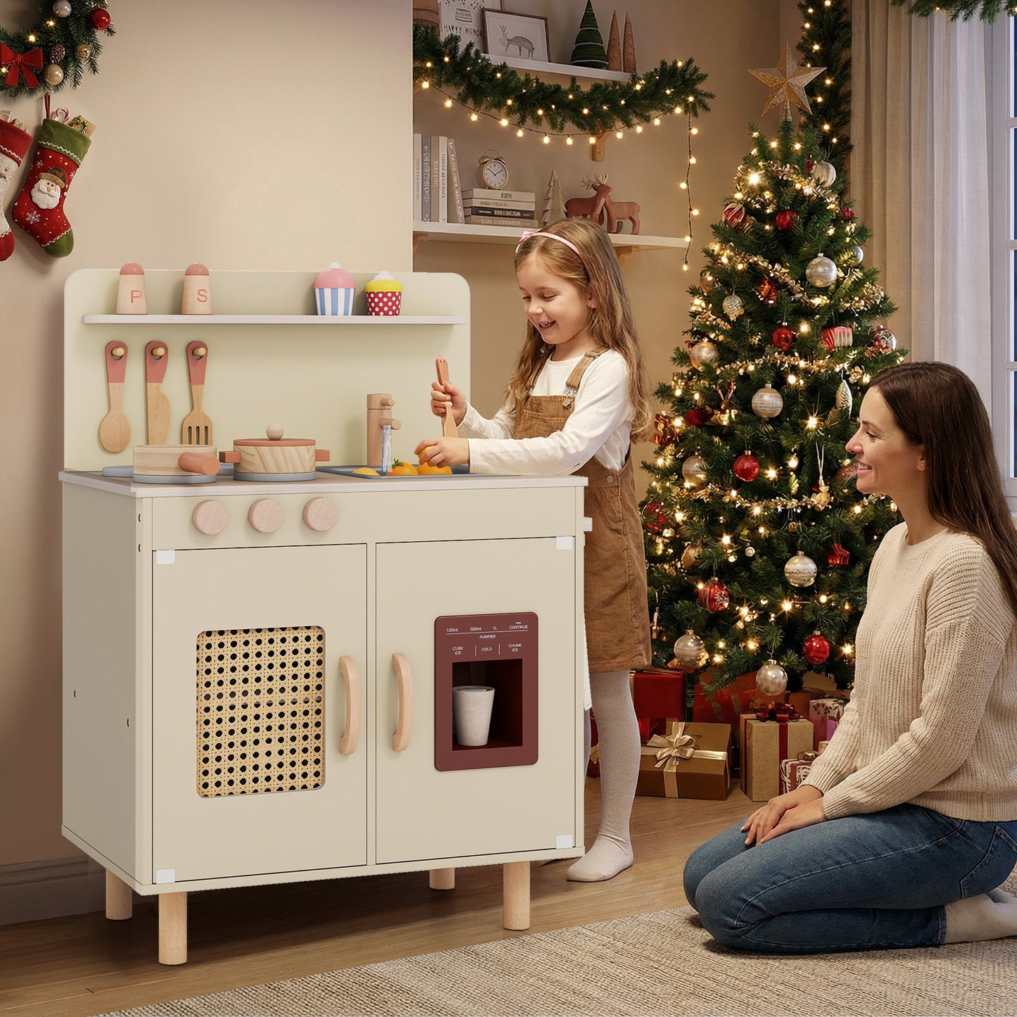 Wooden Pretend Kitchen Playset with Realistic Ice Maker-Yellow