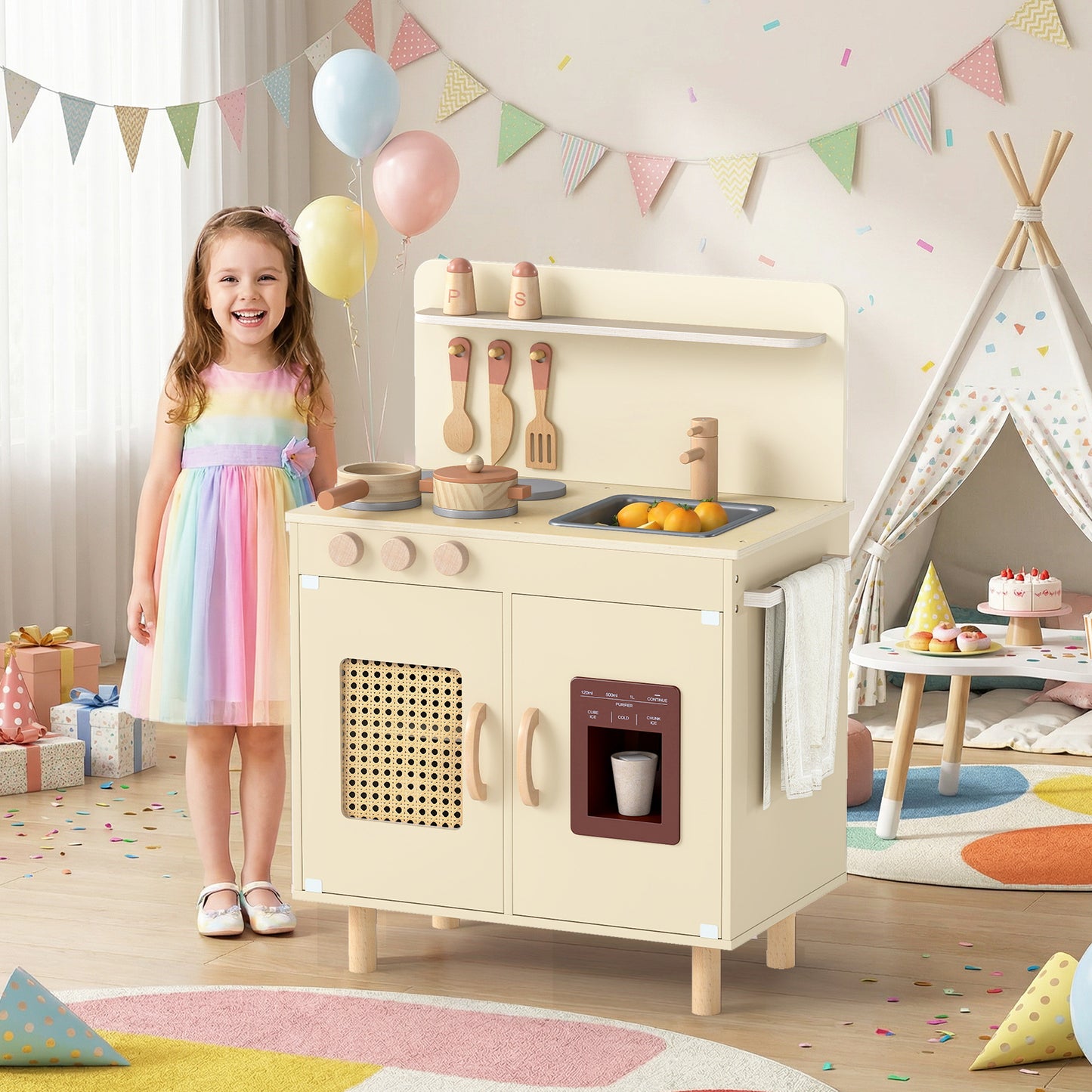 Wooden Pretend Kitchen Playset with Realistic Ice Maker-Yellow