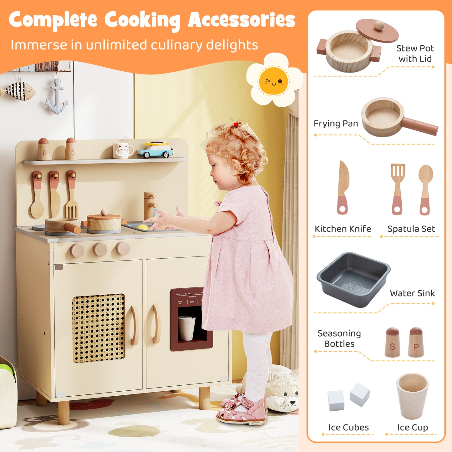 Wooden Pretend Kitchen Playset with Realistic Ice Maker-Yellow