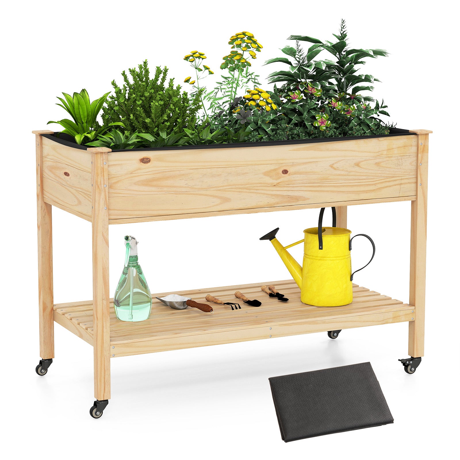 Wooden Raised Garden Bed with Legs and Lockable Wheels-Natural