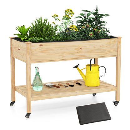 Wooden Raised Garden Bed with Legs and Lockable Wheels-Natural