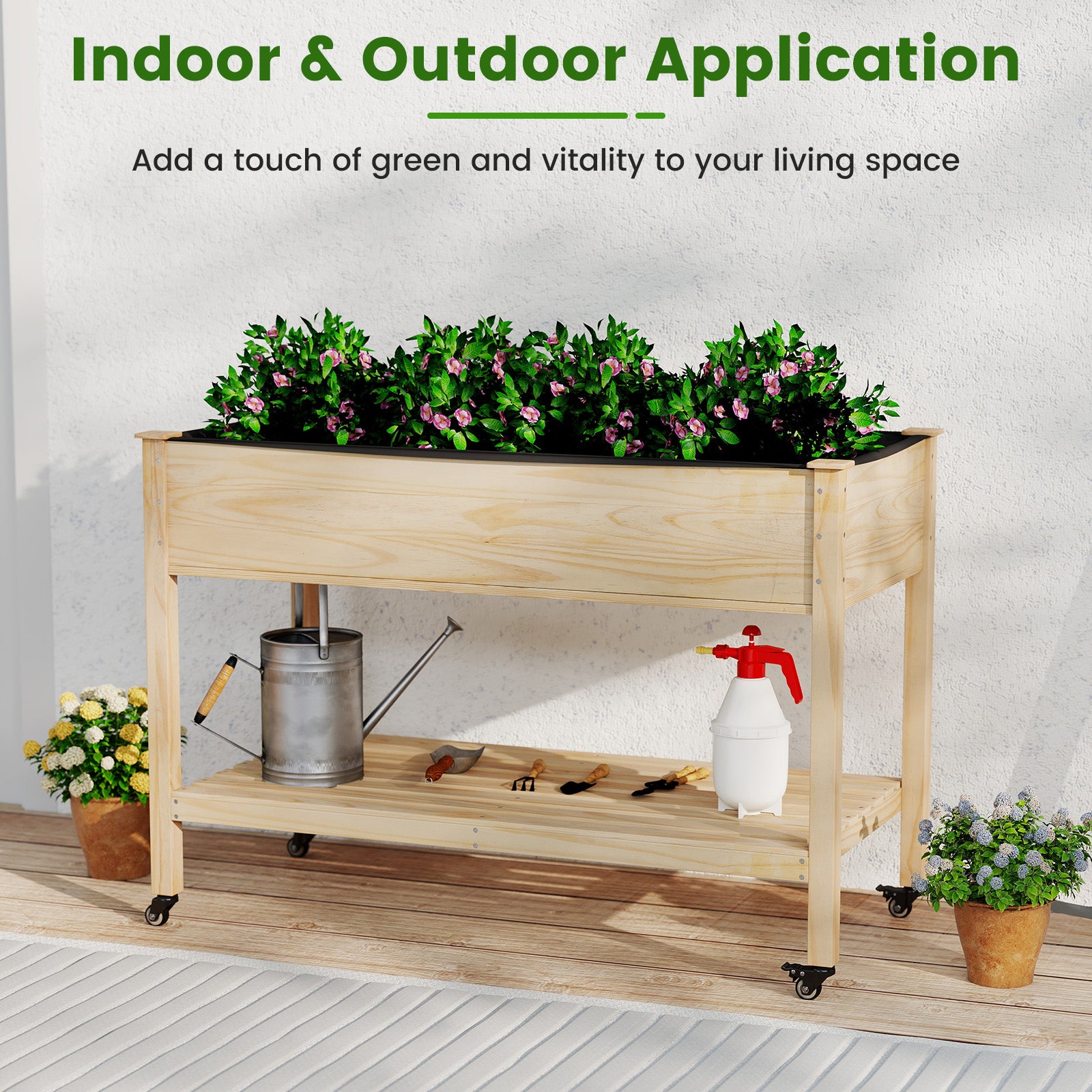 Wooden Raised Garden Bed with Legs and Lockable Wheels-Natural