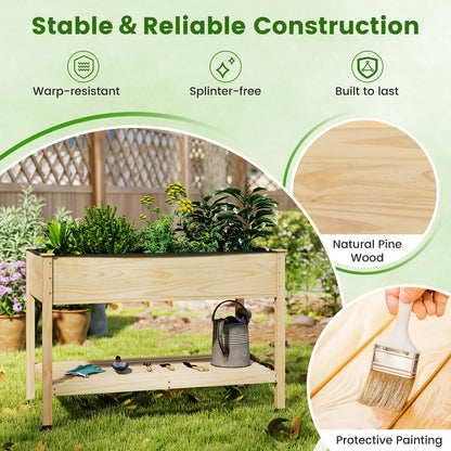 Wooden Raised Garden Bed with Legs and Lockable Wheels-Natural