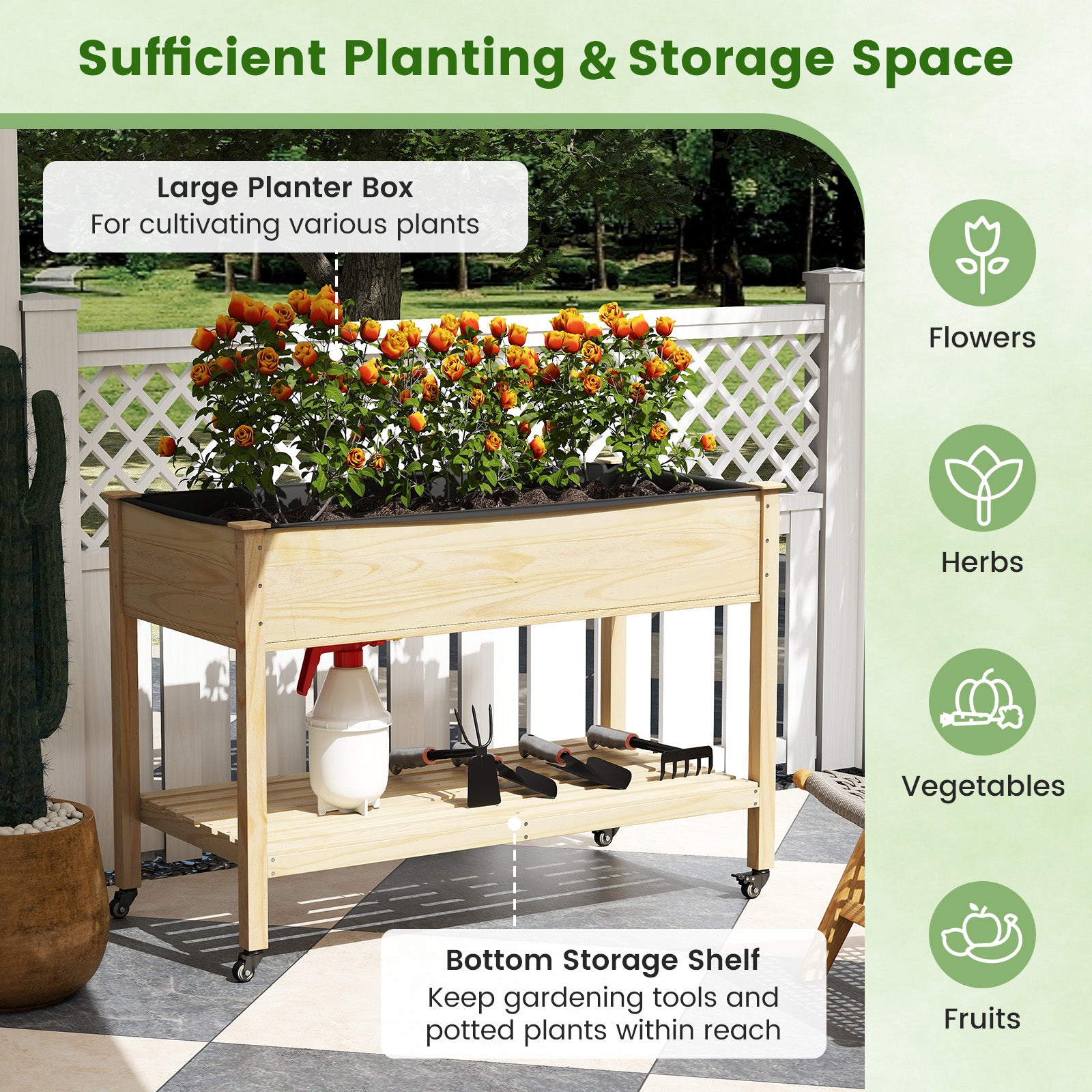 Wooden Raised Garden Bed with Legs and Lockable Wheels-Natural