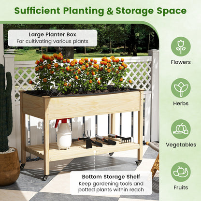 Wooden Raised Garden Bed with Legs and Lockable Wheels-Natural