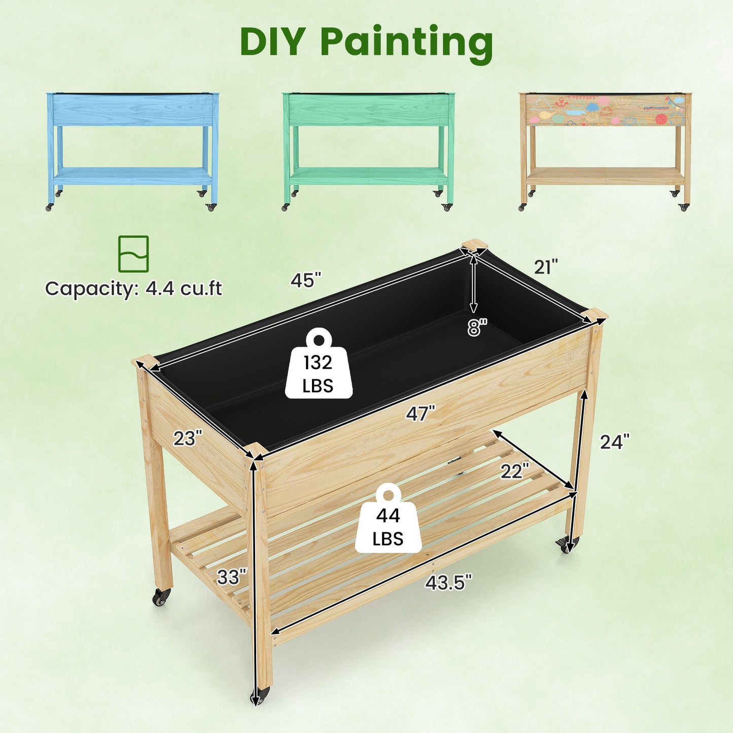Wooden Raised Garden Bed with Legs and Lockable Wheels-Natural
