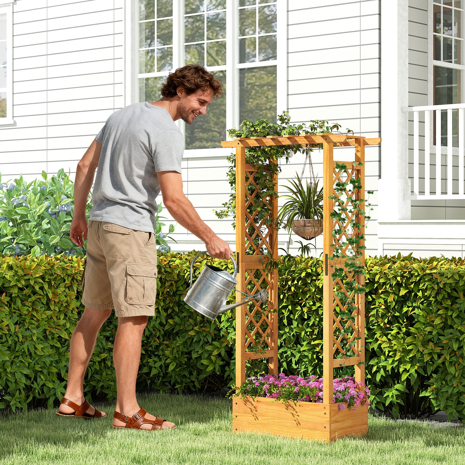 Wooden Raised Garden Bed with Lattice Trellis and Hanging Roof-Orange