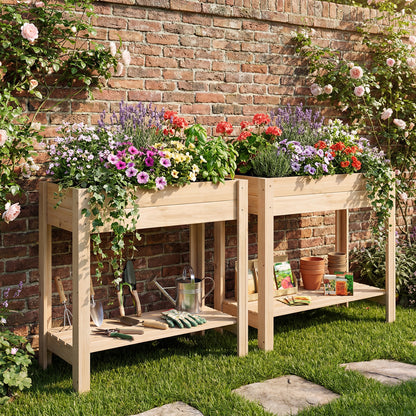 Wooden Raised Garden Bed with Legs and Storage Shelf