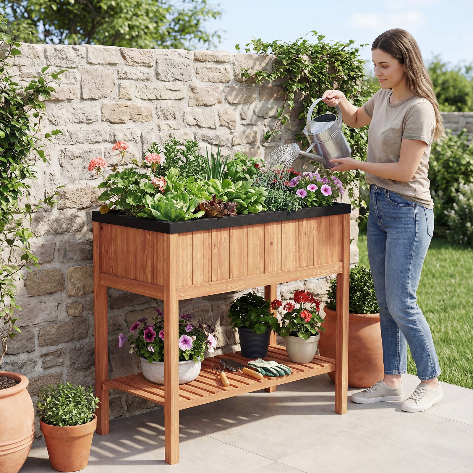Wooden Raised Garden Bed with Storage Shelf and 220 LBS Capacity-Orange