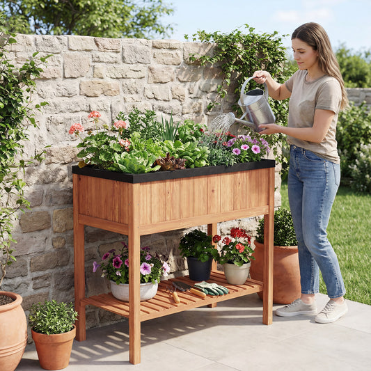 Wooden Raised Garden Bed with Storage Shelf and 220 LBS Capacity-Orange
