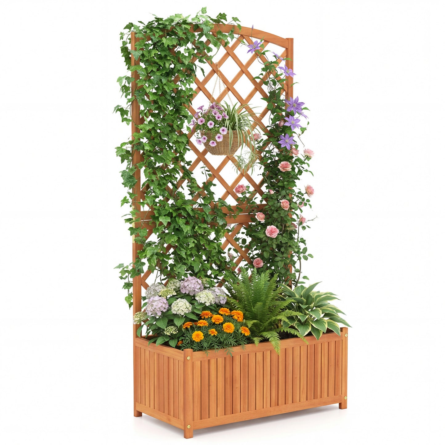 Wooden Raised Garden Bed with Trellis 63 Inch Tall Garden Planter