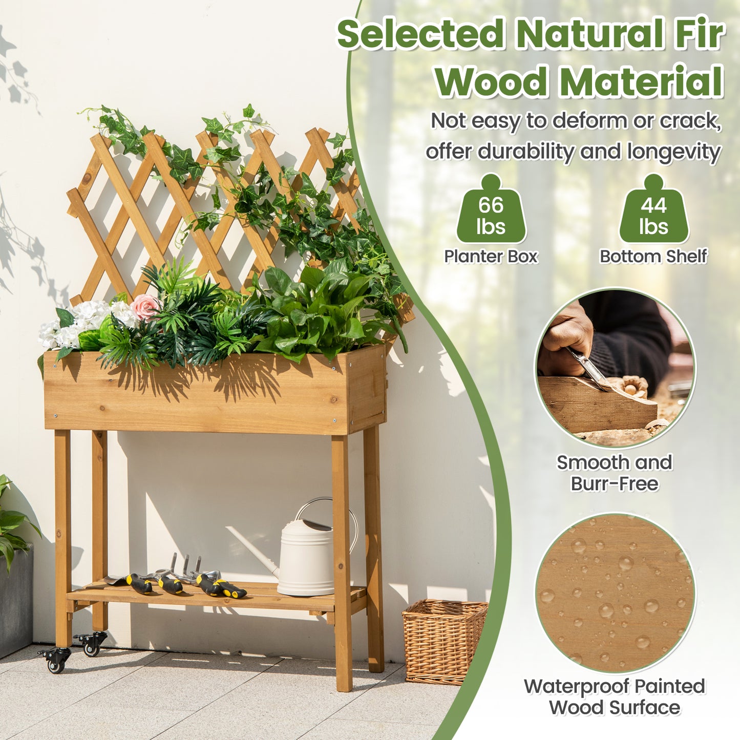 Wooden Rolling Raised Garden Bed with Trellis and Storage Shelf
