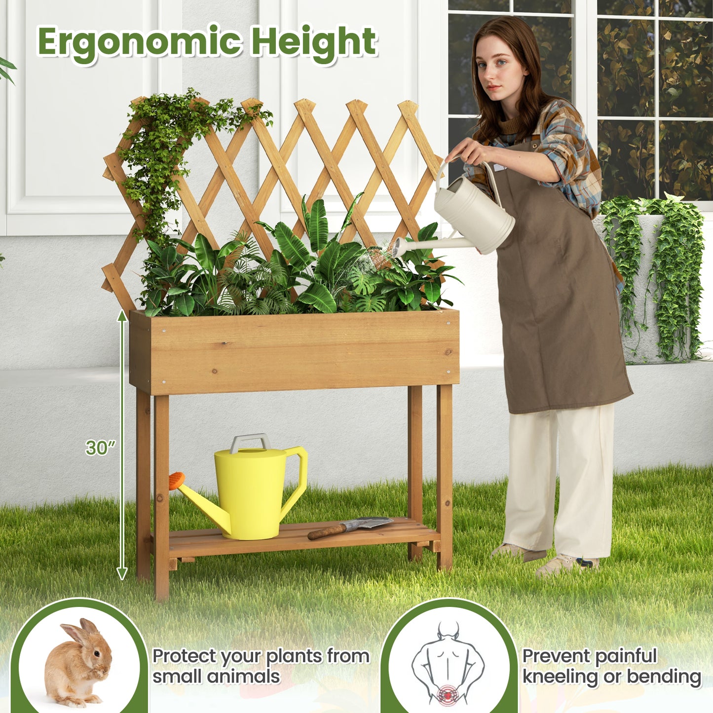 Wooden Rolling Raised Garden Bed with Trellis and Storage Shelf