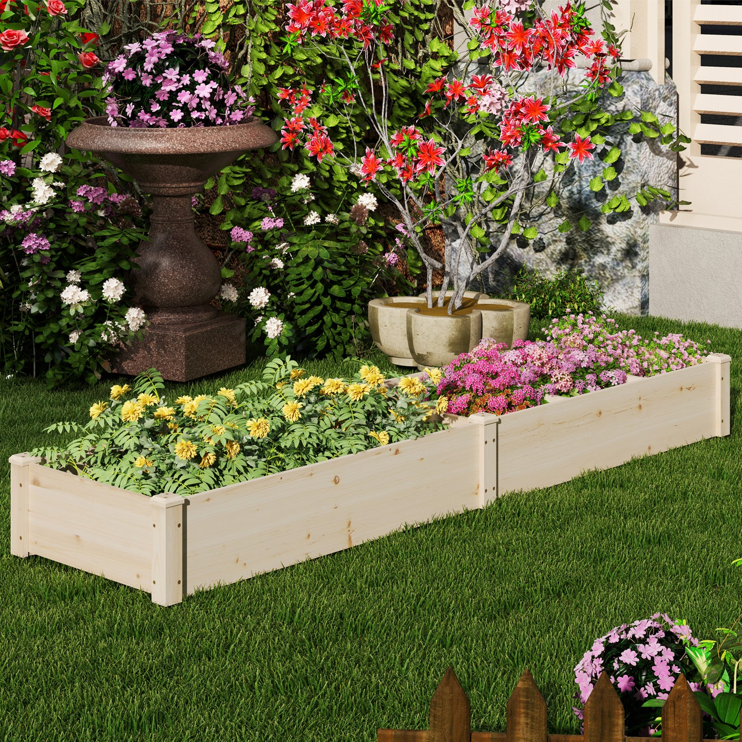 Wooden Raised Open-Ended Base Garden Bed with 2 Planter Boxes Divider-Natural