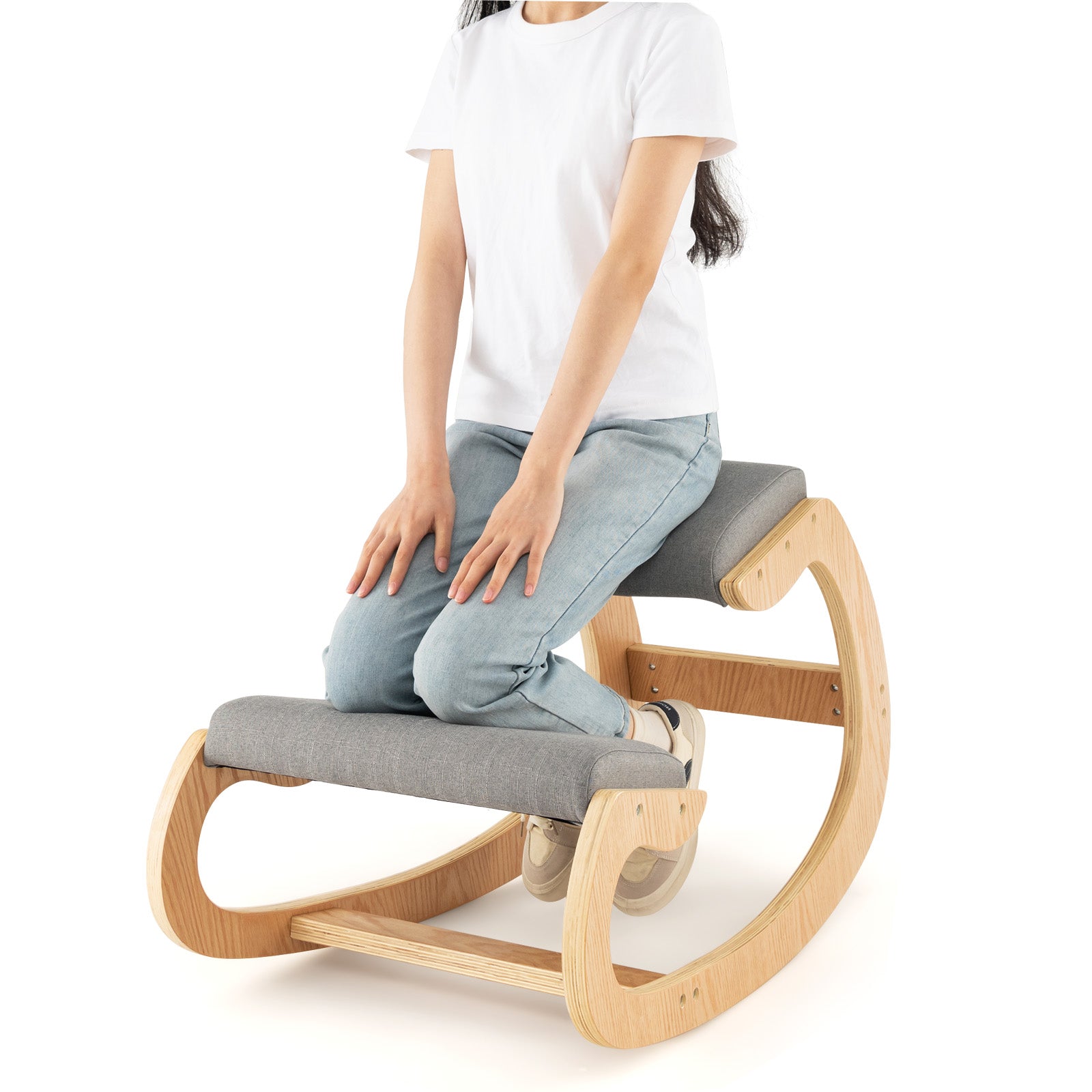 Wooden Rocking Chair with Comfortable Padded Seat Cushion and Knee Support-Beige - Gray